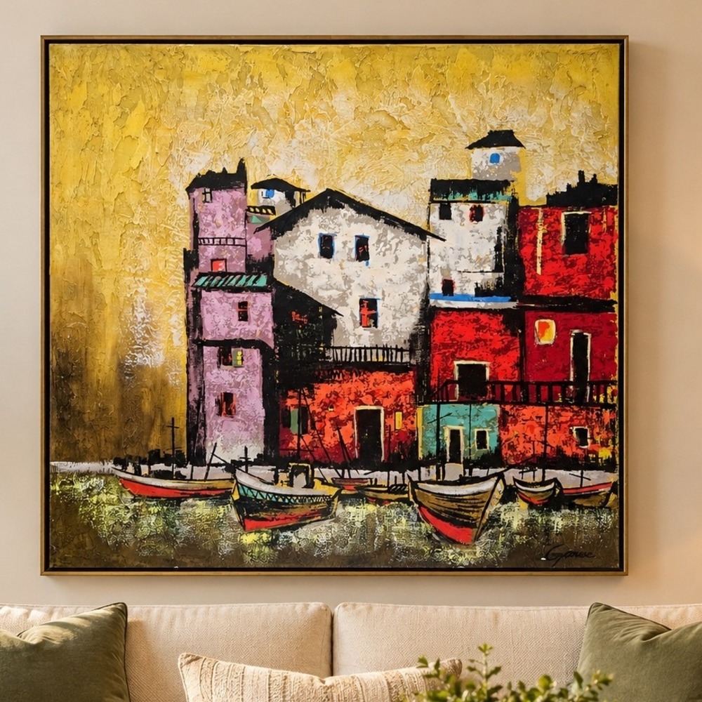 Vintage Garee Signed Large Oil Painting Canvas Harbor Scene Mid Century Modern